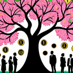 **Image Prompt:** A diverse group of people happily investing in index funds, visualized as a blossoming tree with money leaves. The style should be bright and optimistic, reminiscent of a colorful financial infographic. Include Japanese text overlayed: "長期投資で未来を明るく" (Brighten the future with long-term investment).