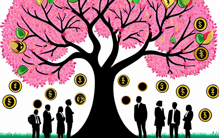 **Image Prompt:** A diverse group of people happily investing in index funds, visualized as a blossoming tree with money leaves. The style should be bright and optimistic, reminiscent of a colorful financial infographic. Include Japanese text overlayed: "長期投資で未来を明るく" (Brighten the future with long-term investment).