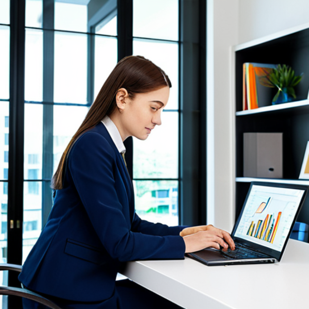 인덱스 펀드 투자로 포트폴리오 다각화하기 - **Image Prompt:** A young woman in professional business attire, a modest skirt suit, researching in...