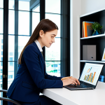 인덱스 펀드 투자로 포트폴리오 다각화하기 - **Image Prompt:** A young woman in professional business attire, a modest skirt suit, researching in...