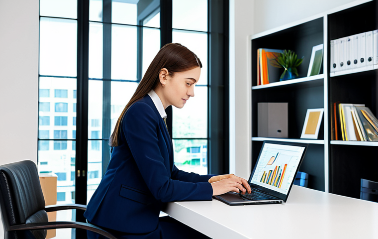 인덱스 펀드 투자로 포트폴리오 다각화하기 - **Image Prompt:** A young woman in professional business attire, a modest skirt suit, researching in...