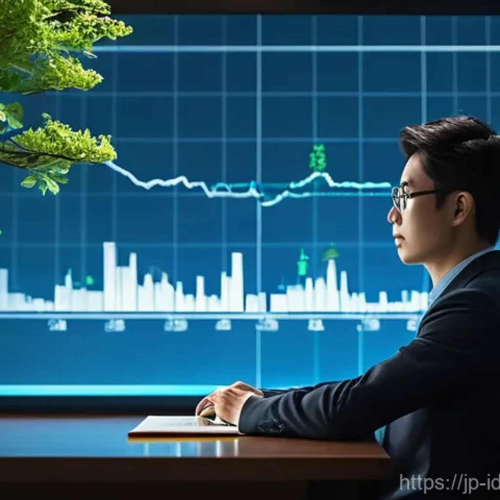 인덱스 펀드와 주식 투자 심리 - A serene and focused young Japanese adult, wearing smart casual attire, sits calmly in a modern, min...