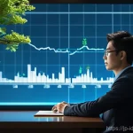 인덱스 펀드와 주식 투자 심리 - A serene and focused young Japanese adult, wearing smart casual attire, sits calmly in a modern, min...