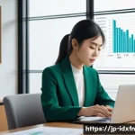 인덱스 펀드 투자에 대한 실수 사례 - A modern Japanese office scene featuring a young Japanese professional woman studying investment cha...
