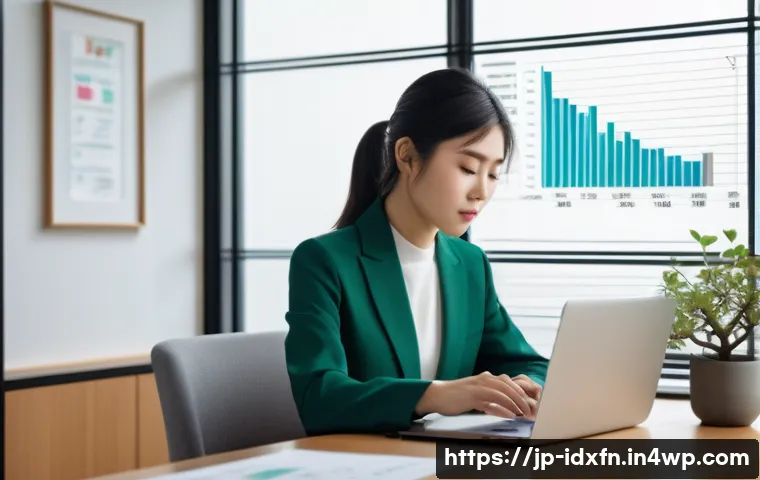 인덱스 펀드 투자에 대한 실수 사례 - A modern Japanese office scene featuring a young Japanese professional woman studying investment cha...