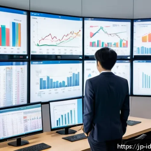 인덱스 펀드와 경제 지표의 연관성 - A modern Japanese office setting with a young professional analyzing multiple large digital screens ...