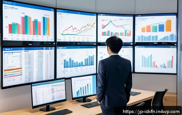 인덱스 펀드와 경제 지표의 연관성 - A modern Japanese office setting with a young professional analyzing multiple large digital screens ...