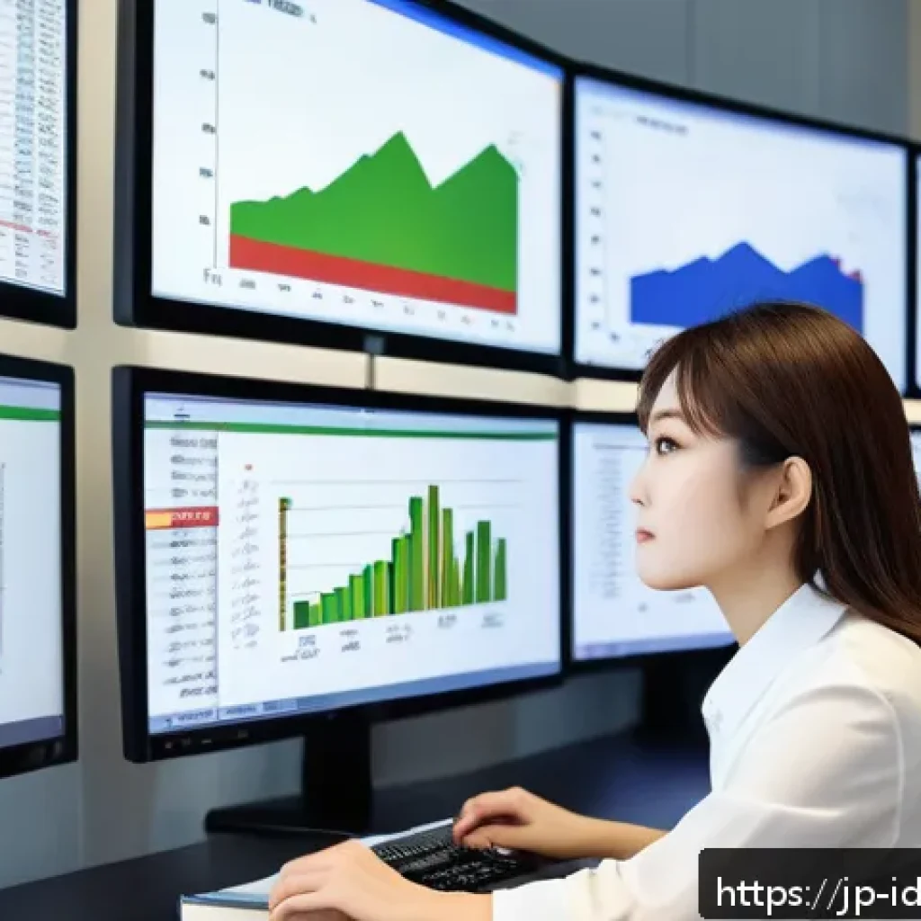 인덱스 펀드와 ETF 차이점 - A modern Japanese office scene showing a young professional woman analyzing financial charts on mult...