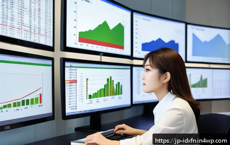 인덱스 펀드와 ETF 차이점 - A modern Japanese office scene showing a young professional woman analyzing financial charts on mult...
