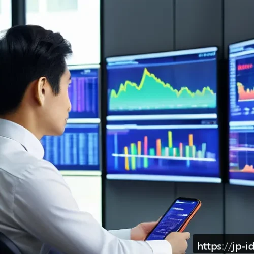 인덱스 펀드에 대한 미래 전망 - A modern financial office scene with a young Japanese investor analyzing diverse sector-specific ind...