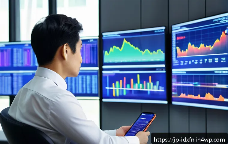 인덱스 펀드에 대한 미래 전망 - A modern financial office scene with a young Japanese investor analyzing diverse sector-specific ind...