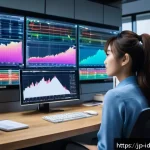 최고의 인덱스 펀드 추천 - A modern Japanese office setting with a young professional woman sitting at a sleek desk, analyzing ...