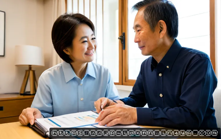 인덱스 펀드 투자 성공 사례 연구 - Photorealistic Japanese retired couple at a bright, tidy home office desk, calmly reviewing a succes...