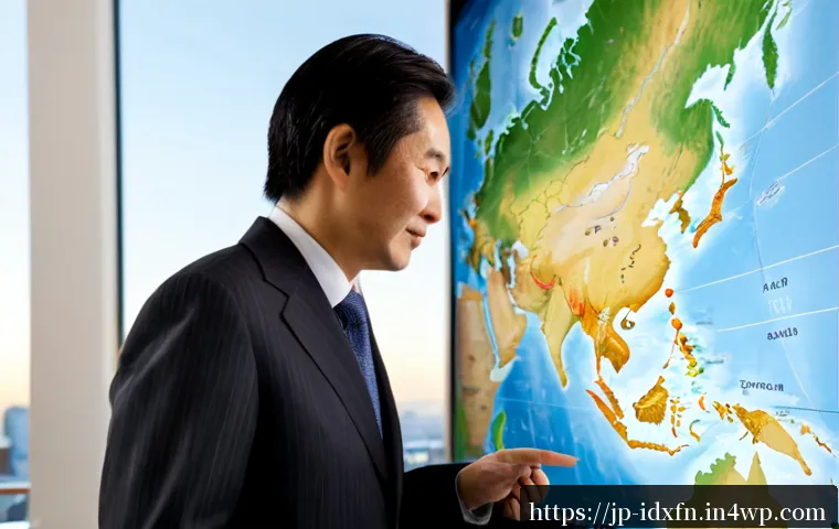 인덱스 펀드의 글로벌 시장 동향 - Photorealistic Japanese financial advisor and middle-aged client reviewing a clean world map display...